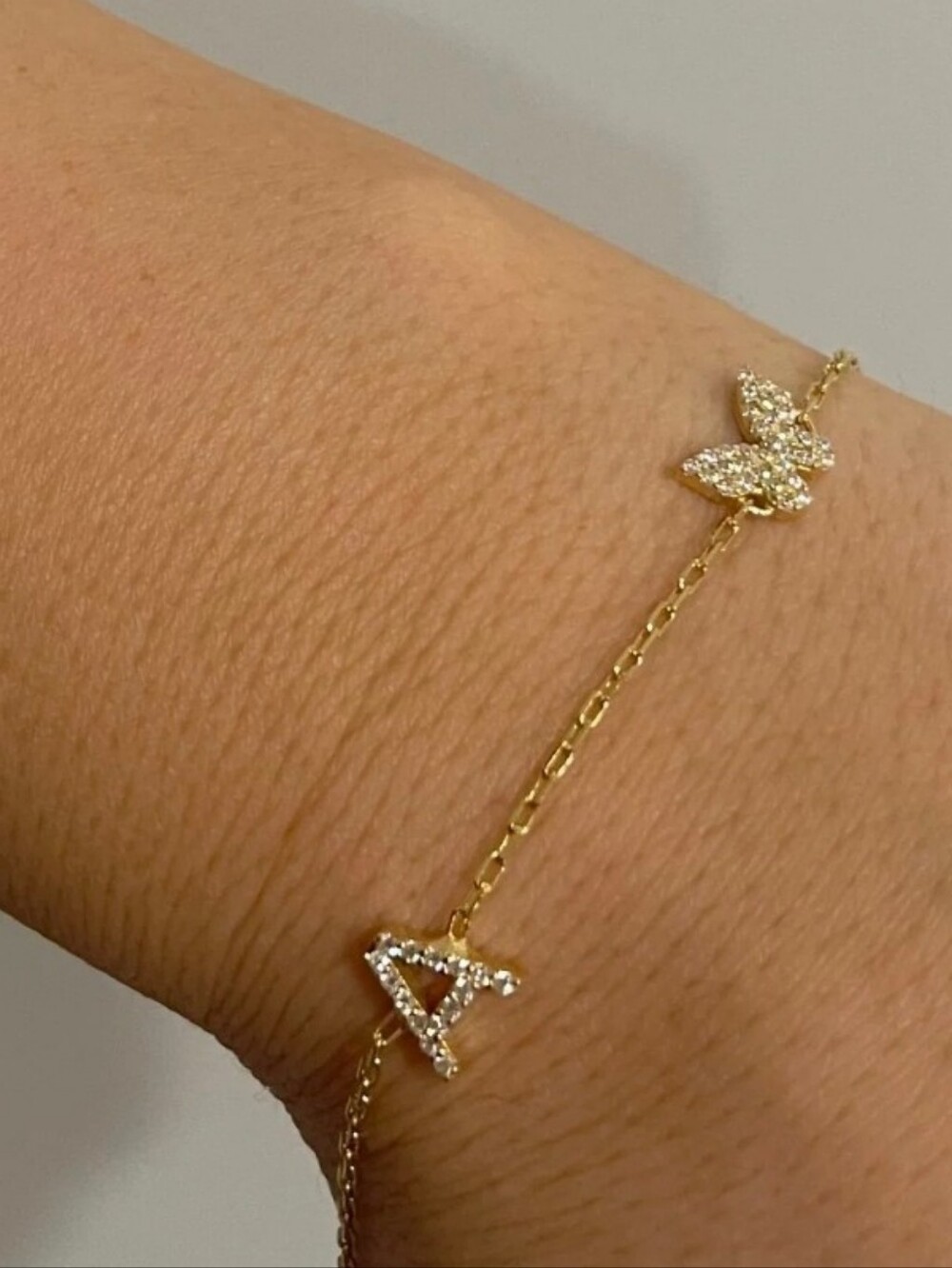 Addison Pave Diamond Butterfly & Initial "A" Anklet 9"+1" 18k Goldplated 925 New